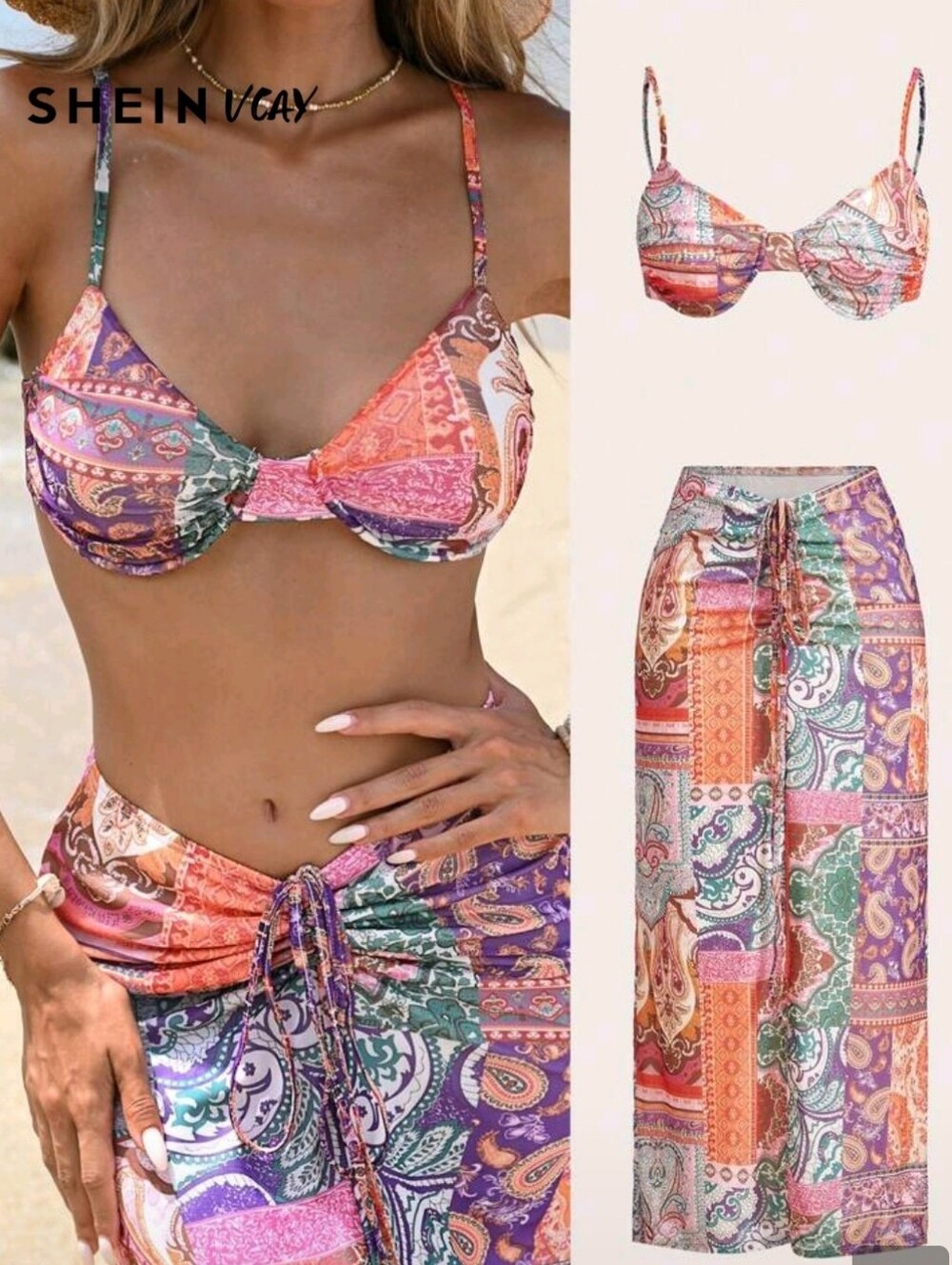 SHEIN Multicolor Paisley Print Skirt Set - Purple, Pink, Green, Orange